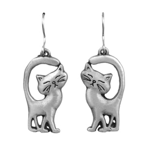 Cat with Tails Up Pewter Drop Earrings