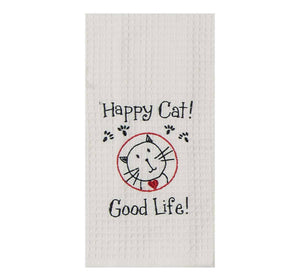 Happy Cat - Embroidered Waffle Cotton Towel